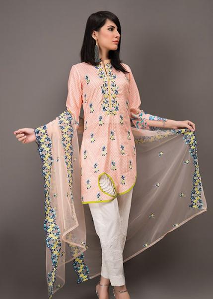 Rehaab Embroidered Cambric Collection By Jaffrani Textile 2017 - Sparkle Peach